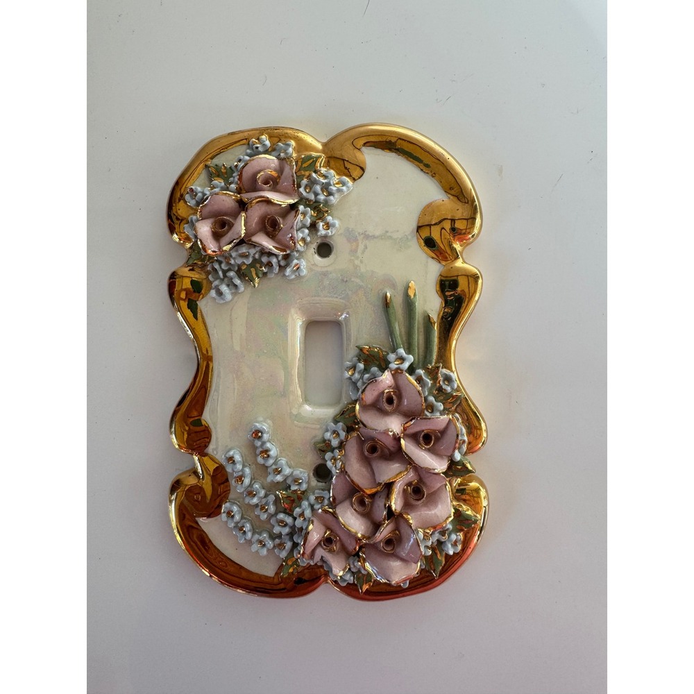 Vintage Ceramic Floral Light Switch Cover Pink Roses Gold Trim Iridescent Plate